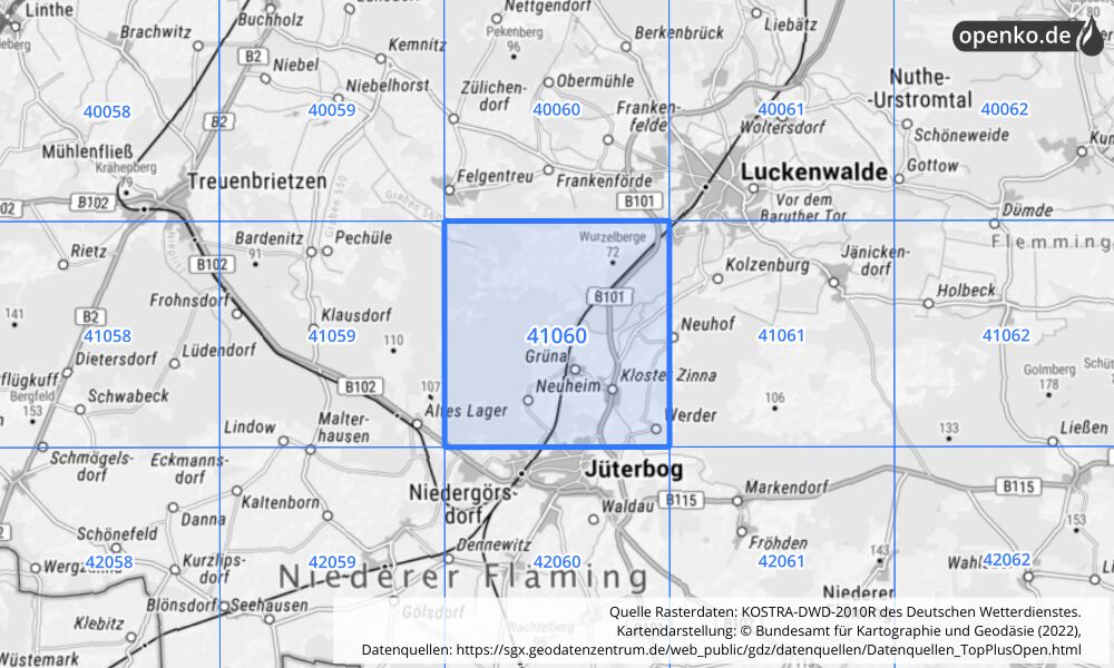 Übersichtskarte KOSTRA-DWD-2010R Rasterfeld Nr. 41060 mit angrenzenden Feldern