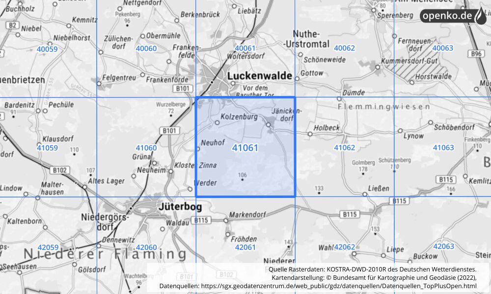 Übersichtskarte KOSTRA-DWD-2010R Rasterfeld Nr. 41061 mit angrenzenden Feldern