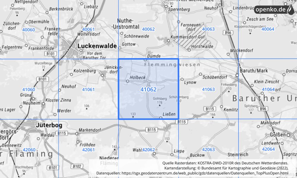 Übersichtskarte KOSTRA-DWD-2010R Rasterfeld Nr. 41062 mit angrenzenden Feldern