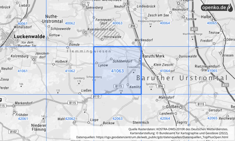 Übersichtskarte KOSTRA-DWD-2010R Rasterfeld Nr. 41063 mit angrenzenden Feldern