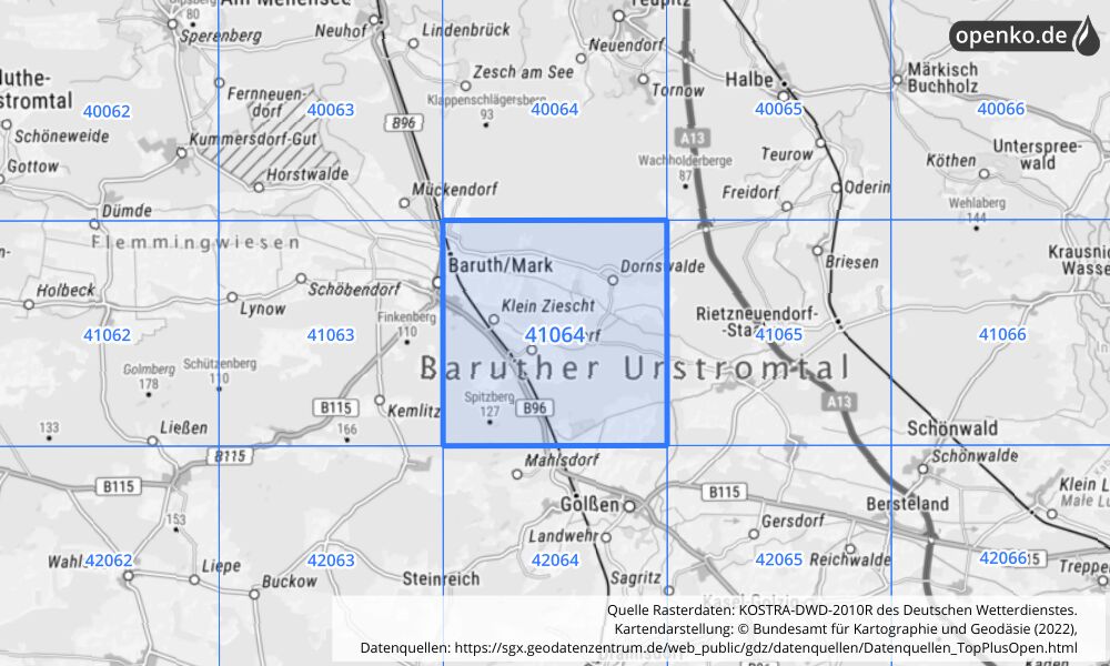 Übersichtskarte KOSTRA-DWD-2010R Rasterfeld Nr. 41064 mit angrenzenden Feldern