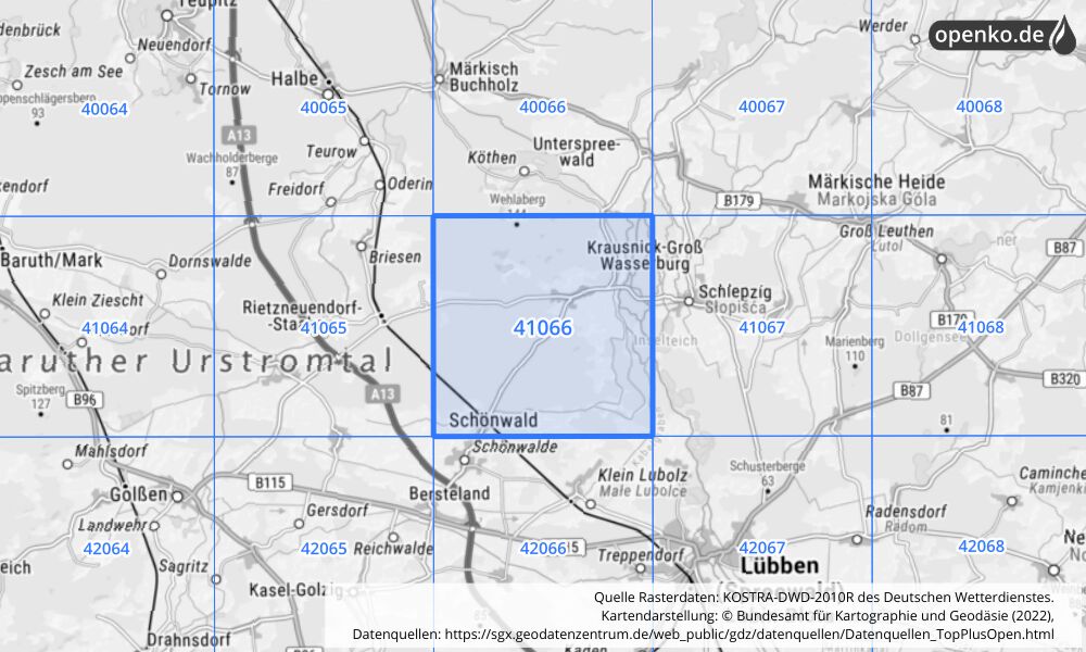 Übersichtskarte KOSTRA-DWD-2010R Rasterfeld Nr. 41066 mit angrenzenden Feldern