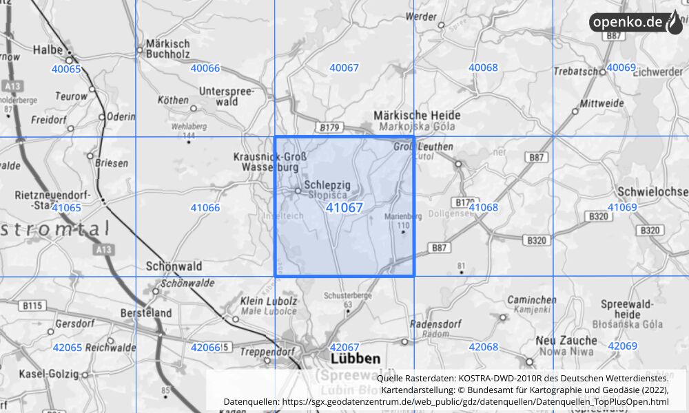 Übersichtskarte KOSTRA-DWD-2010R Rasterfeld Nr. 41067 mit angrenzenden Feldern