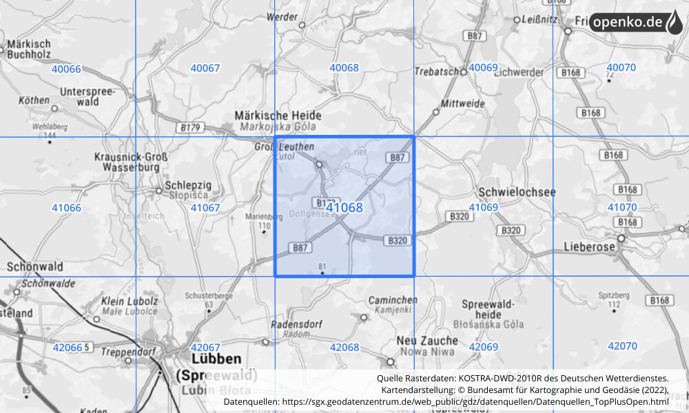 Übersichtskarte KOSTRA-DWD-2010R Rasterfeld Nr. 41068 mit angrenzenden Feldern