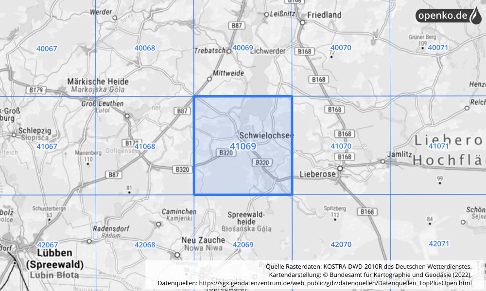 Übersichtskarte KOSTRA-DWD-2010R Rasterfeld Nr. 41069 mit angrenzenden Feldern