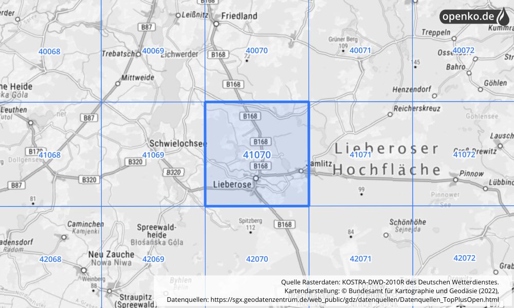 Übersichtskarte KOSTRA-DWD-2010R Rasterfeld Nr. 41070 mit angrenzenden Feldern