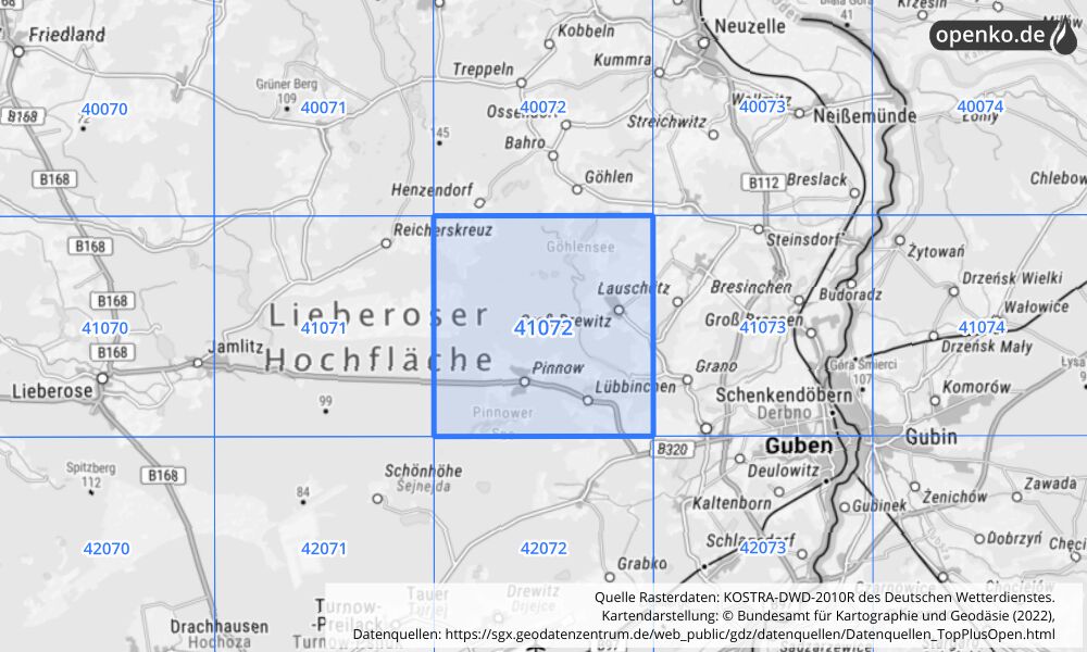 Übersichtskarte KOSTRA-DWD-2010R Rasterfeld Nr. 41072 mit angrenzenden Feldern