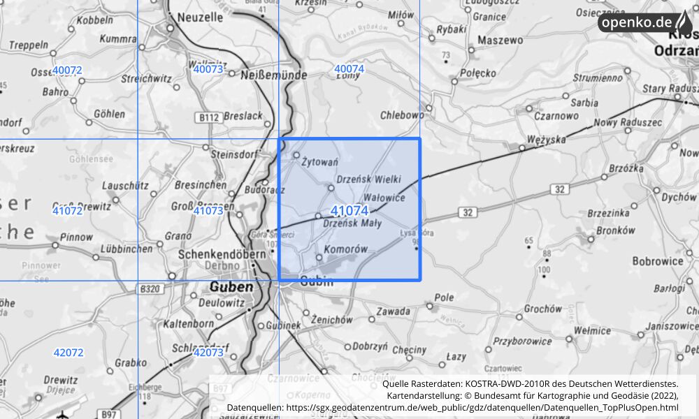 Übersichtskarte KOSTRA-DWD-2010R Rasterfeld Nr. 41074 mit angrenzenden Feldern