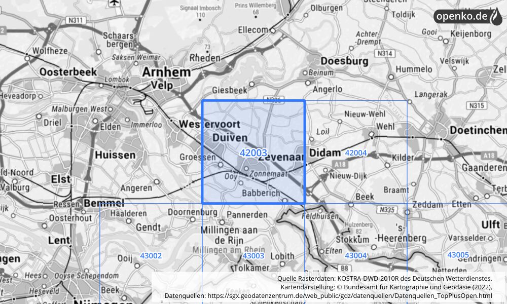 Übersichtskarte KOSTRA-DWD-2010R Rasterfeld Nr. 42003 mit angrenzenden Feldern