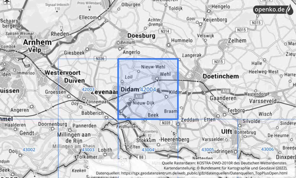 Übersichtskarte KOSTRA-DWD-2010R Rasterfeld Nr. 42004 mit angrenzenden Feldern