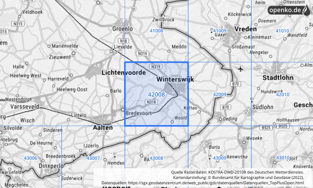 Übersichtskarte KOSTRA-DWD-2010R Rasterfeld Nr. 42008 mit angrenzenden Feldern