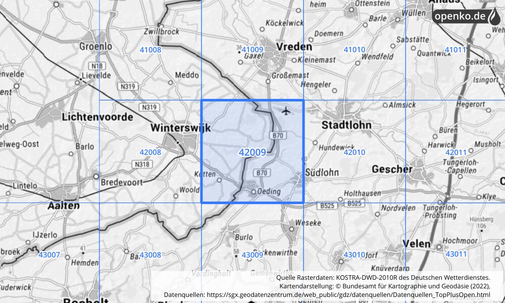 Übersichtskarte KOSTRA-DWD-2010R Rasterfeld Nr. 42009 mit angrenzenden Feldern