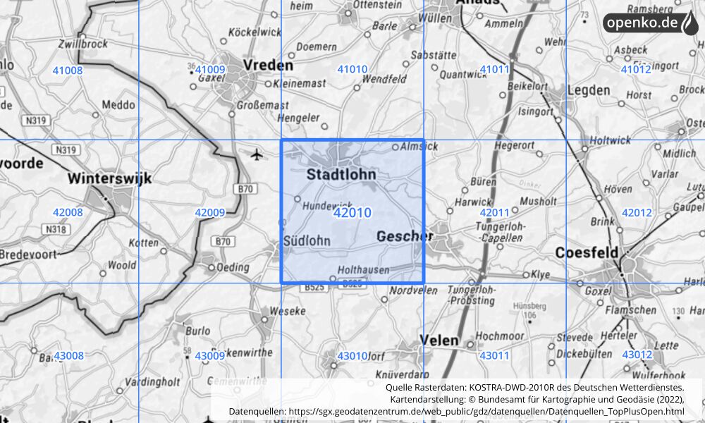 Übersichtskarte KOSTRA-DWD-2010R Rasterfeld Nr. 42010 mit angrenzenden Feldern