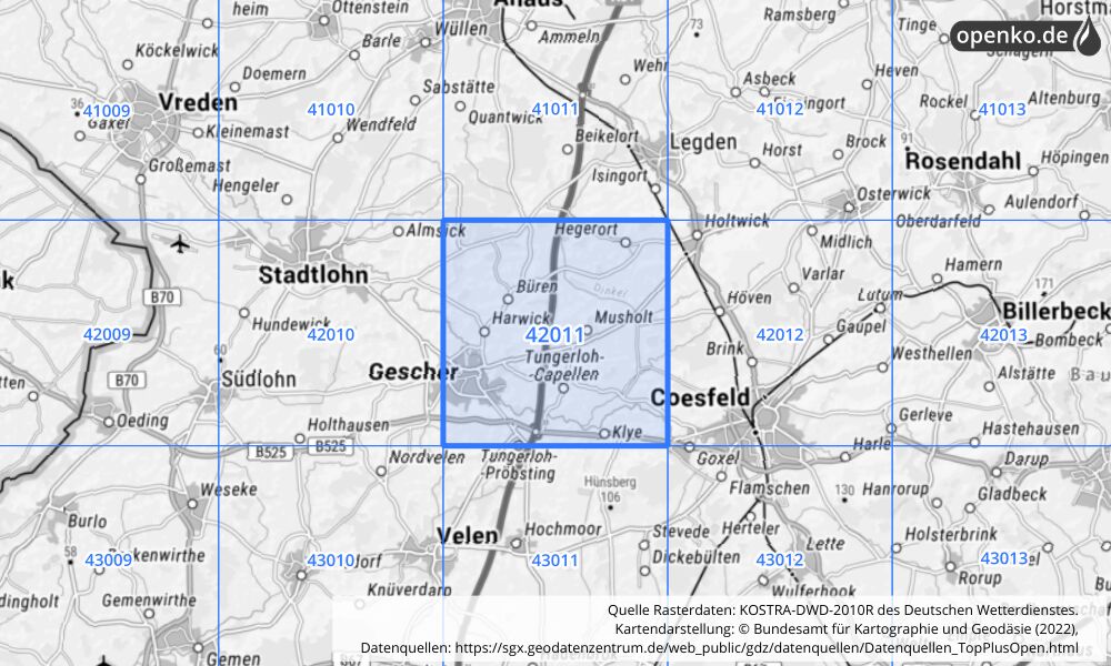 Übersichtskarte KOSTRA-DWD-2010R Rasterfeld Nr. 42011 mit angrenzenden Feldern