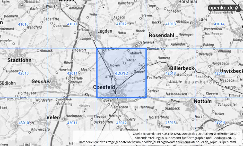 Übersichtskarte KOSTRA-DWD-2010R Rasterfeld Nr. 42012 mit angrenzenden Feldern