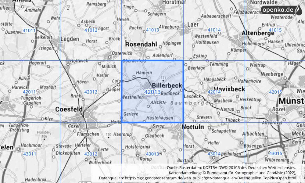 Übersichtskarte KOSTRA-DWD-2010R Rasterfeld Nr. 42013 mit angrenzenden Feldern