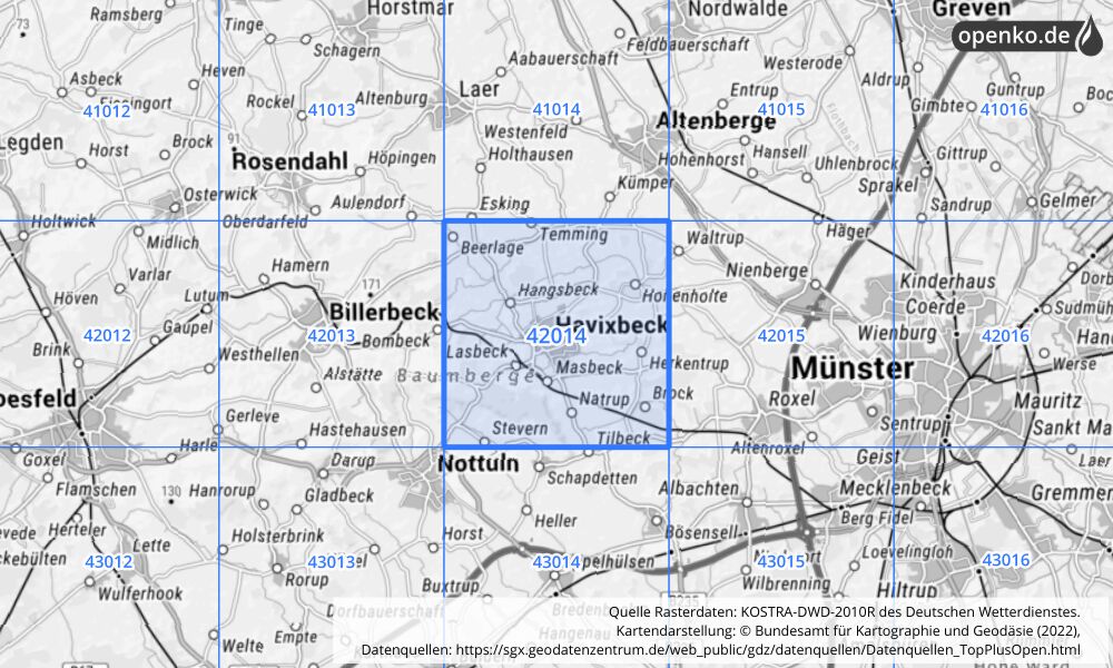 Übersichtskarte KOSTRA-DWD-2010R Rasterfeld Nr. 42014 mit angrenzenden Feldern