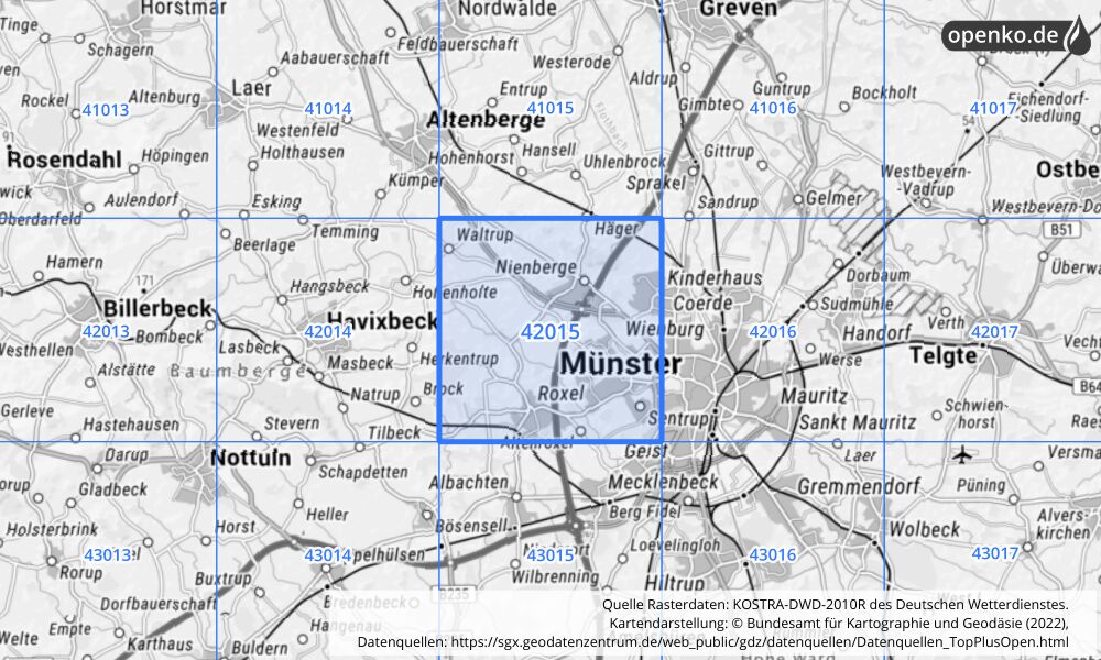 Übersichtskarte KOSTRA-DWD-2010R Rasterfeld Nr. 42015 mit angrenzenden Feldern