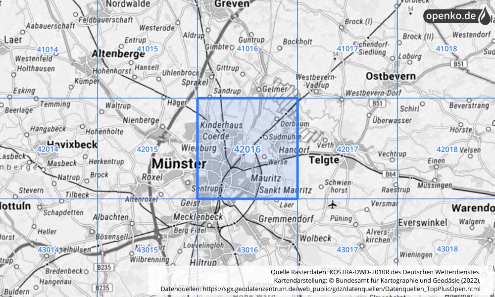 Übersichtskarte KOSTRA-DWD-2010R Rasterfeld Nr. 42016 mit angrenzenden Feldern