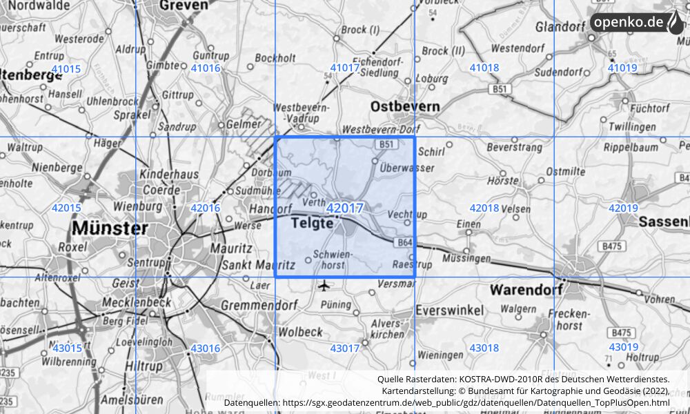 Übersichtskarte KOSTRA-DWD-2010R Rasterfeld Nr. 42017 mit angrenzenden Feldern