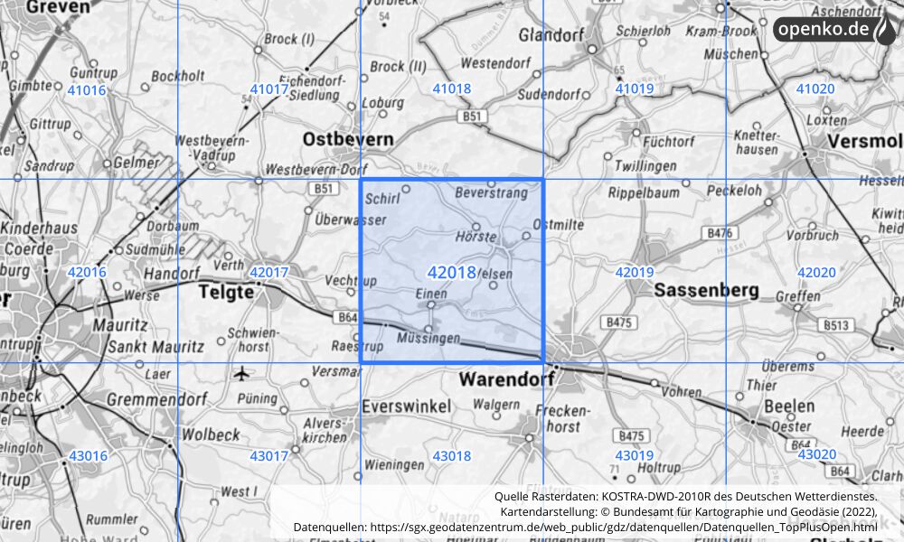 Übersichtskarte KOSTRA-DWD-2010R Rasterfeld Nr. 42018 mit angrenzenden Feldern