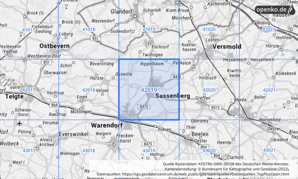 Übersichtskarte KOSTRA-DWD-2010R Rasterfeld Nr. 42019 mit angrenzenden Feldern