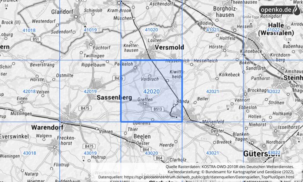 Übersichtskarte KOSTRA-DWD-2010R Rasterfeld Nr. 42020 mit angrenzenden Feldern