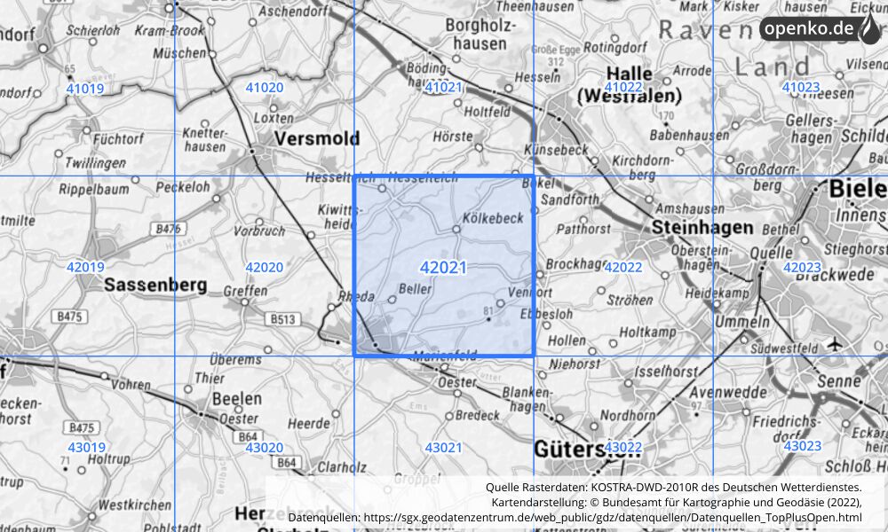 Übersichtskarte KOSTRA-DWD-2010R Rasterfeld Nr. 42021 mit angrenzenden Feldern