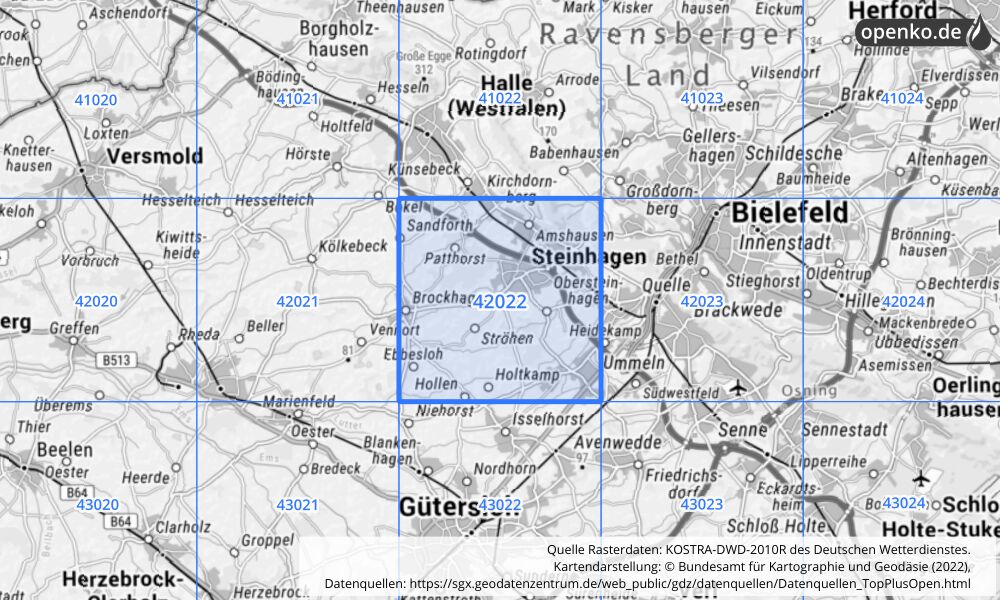 Übersichtskarte KOSTRA-DWD-2010R Rasterfeld Nr. 42022 mit angrenzenden Feldern