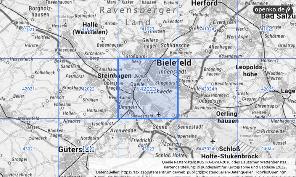 Übersichtskarte KOSTRA-DWD-2010R Rasterfeld Nr. 42023 mit angrenzenden Feldern