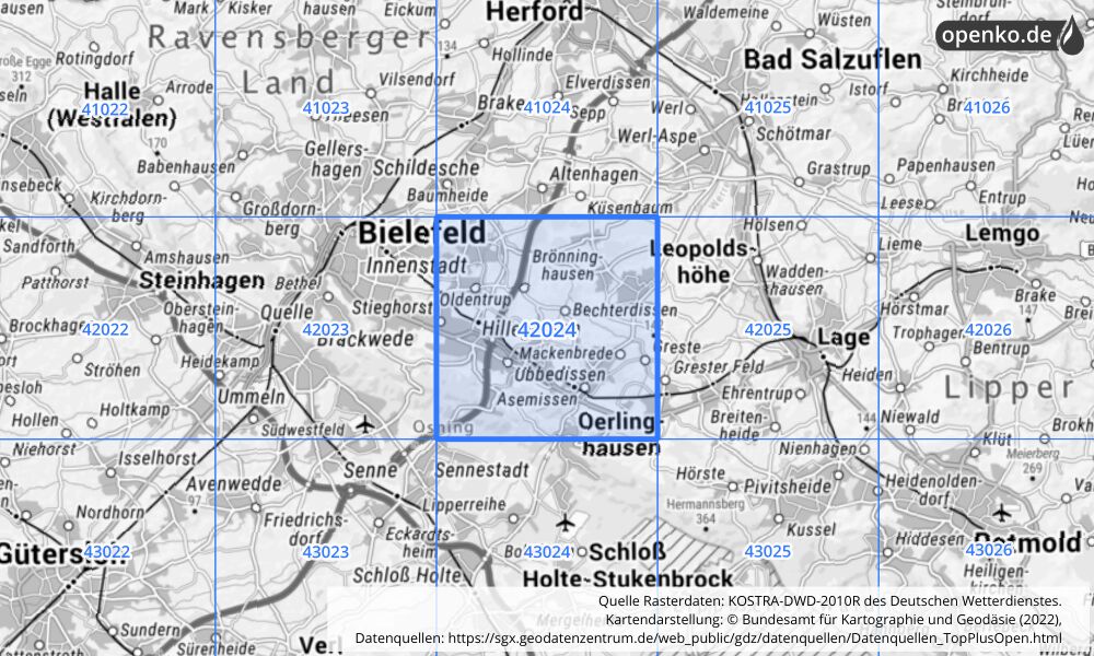 Übersichtskarte KOSTRA-DWD-2010R Rasterfeld Nr. 42024 mit angrenzenden Feldern