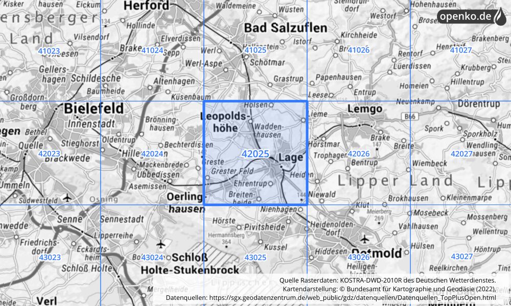 Übersichtskarte KOSTRA-DWD-2010R Rasterfeld Nr. 42025 mit angrenzenden Feldern