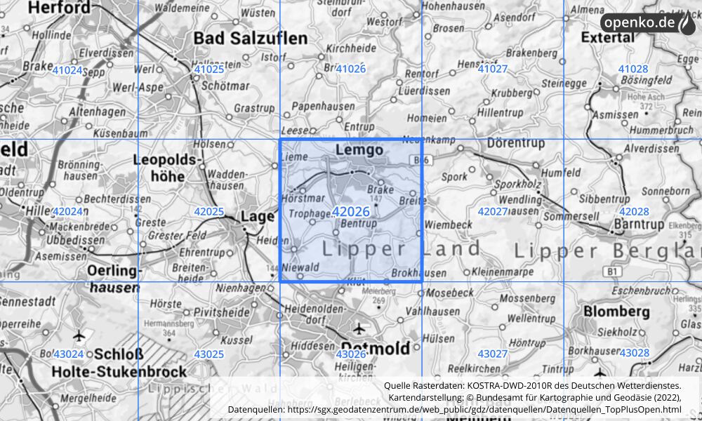 Übersichtskarte KOSTRA-DWD-2010R Rasterfeld Nr. 42026 mit angrenzenden Feldern