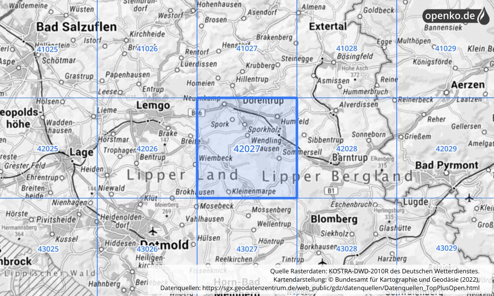 Übersichtskarte KOSTRA-DWD-2010R Rasterfeld Nr. 42027 mit angrenzenden Feldern