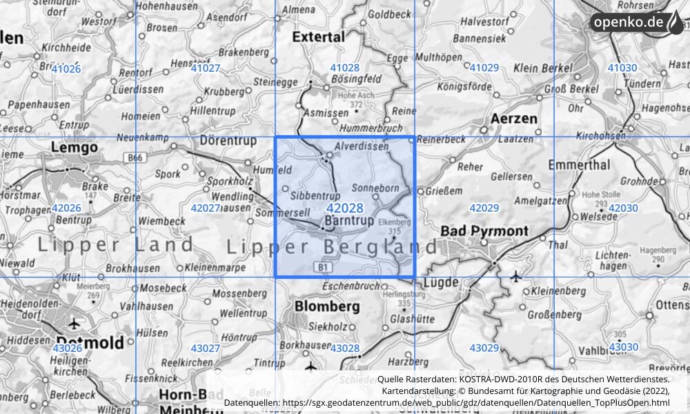 Übersichtskarte KOSTRA-DWD-2010R Rasterfeld Nr. 42028 mit angrenzenden Feldern