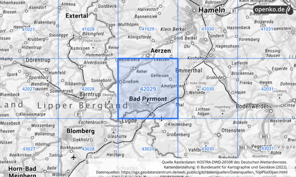 Übersichtskarte KOSTRA-DWD-2010R Rasterfeld Nr. 42029 mit angrenzenden Feldern