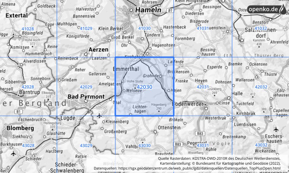 Übersichtskarte KOSTRA-DWD-2010R Rasterfeld Nr. 42030 mit angrenzenden Feldern