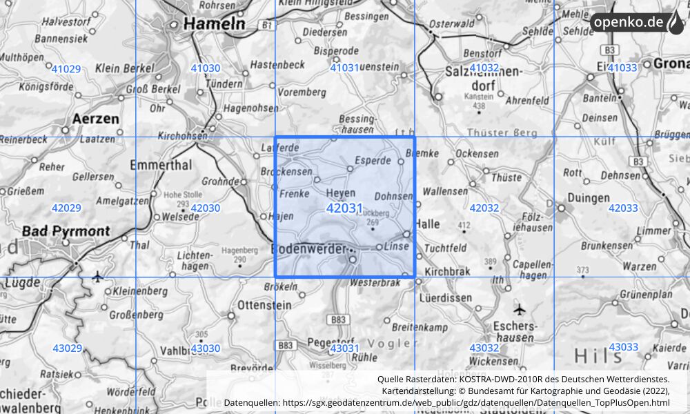 Übersichtskarte KOSTRA-DWD-2010R Rasterfeld Nr. 42031 mit angrenzenden Feldern