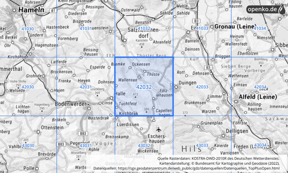 Übersichtskarte KOSTRA-DWD-2010R Rasterfeld Nr. 42032 mit angrenzenden Feldern