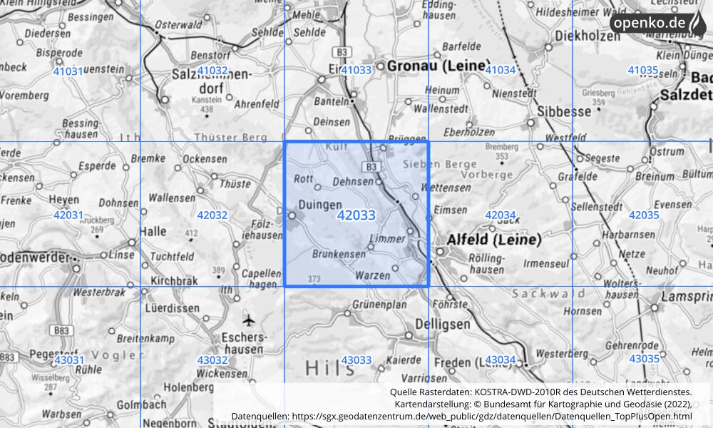 Übersichtskarte KOSTRA-DWD-2010R Rasterfeld Nr. 42033 mit angrenzenden Feldern