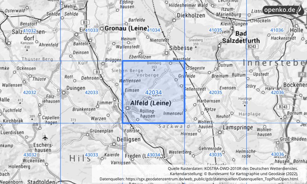 Übersichtskarte KOSTRA-DWD-2010R Rasterfeld Nr. 42034 mit angrenzenden Feldern