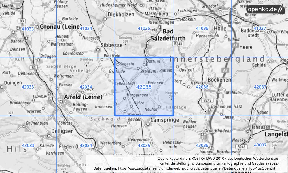 Übersichtskarte KOSTRA-DWD-2010R Rasterfeld Nr. 42035 mit angrenzenden Feldern