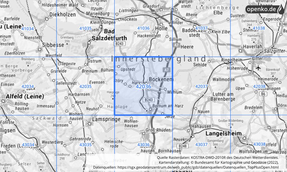 Übersichtskarte KOSTRA-DWD-2010R Rasterfeld Nr. 42036 mit angrenzenden Feldern