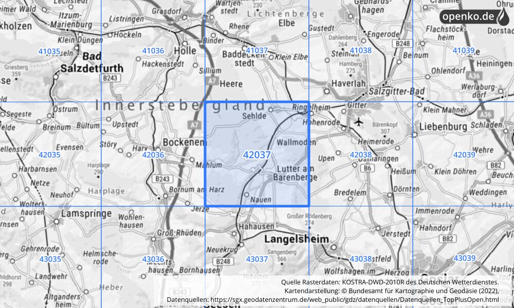 Übersichtskarte KOSTRA-DWD-2010R Rasterfeld Nr. 42037 mit angrenzenden Feldern