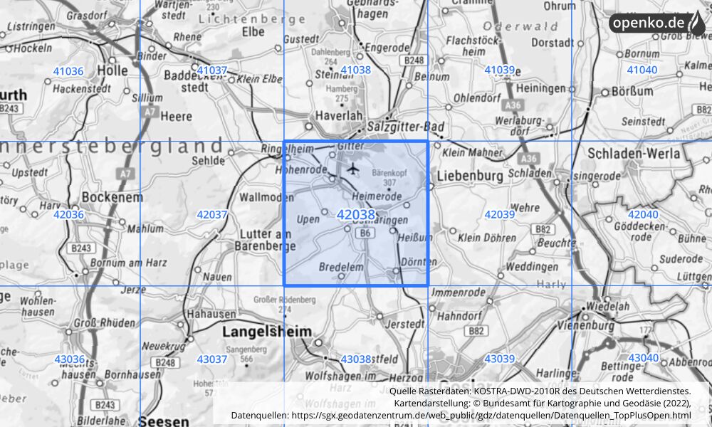 Übersichtskarte KOSTRA-DWD-2010R Rasterfeld Nr. 42038 mit angrenzenden Feldern