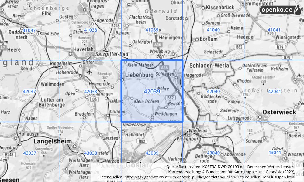 Übersichtskarte KOSTRA-DWD-2010R Rasterfeld Nr. 42039 mit angrenzenden Feldern