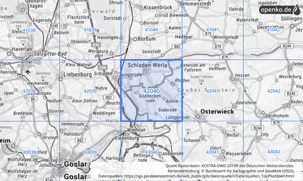 Übersichtskarte KOSTRA-DWD-2010R Rasterfeld Nr. 42040 mit angrenzenden Feldern