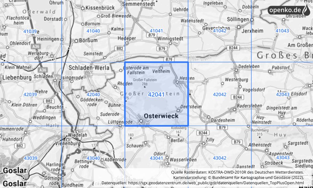 Übersichtskarte KOSTRA-DWD-2010R Rasterfeld Nr. 42041 mit angrenzenden Feldern