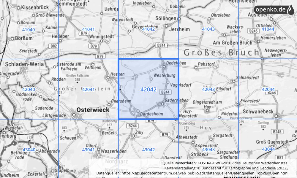 Übersichtskarte KOSTRA-DWD-2010R Rasterfeld Nr. 42042 mit angrenzenden Feldern