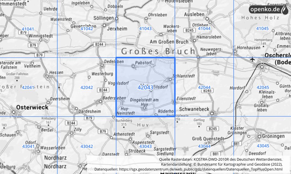 Übersichtskarte KOSTRA-DWD-2010R Rasterfeld Nr. 42043 mit angrenzenden Feldern